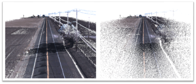 Before and after FME is used to thin a LiDAR dataset of a section of highway.