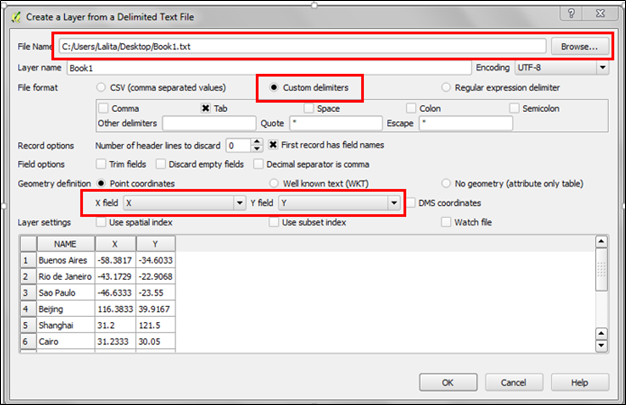 create layer from delimited text file option window